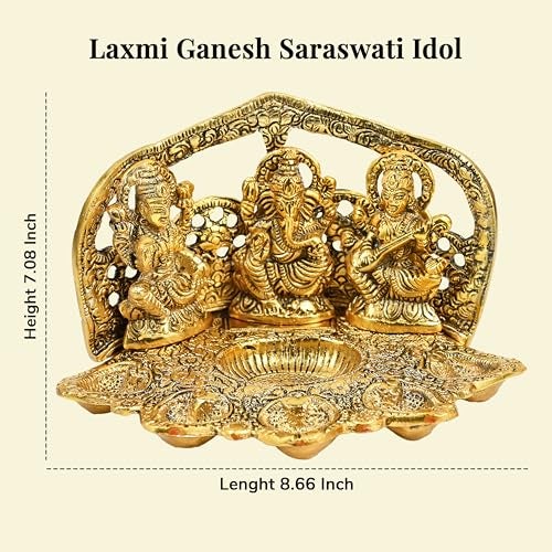 HindCraft Laxmi Ganesh Saraswati Idol Diya Oil Lamp Deepak – Golden Metal Traditional Diya Puja | Lakshmi Ganesha Showpiece Statue for Mandir, Home Decoration & Festival Gifts - Image 3