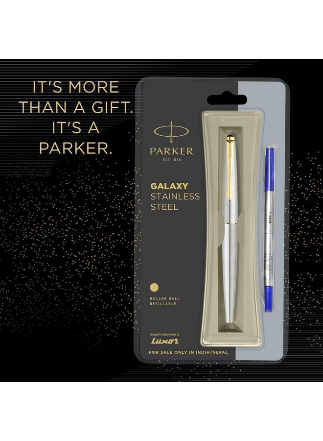 PARKER Parker Galaxy Stainless Steel Gold Trim Roller Ball Pen| Ink Color - Blue | Special Gift For Employees | Leading Pen For Corporate - Image 3