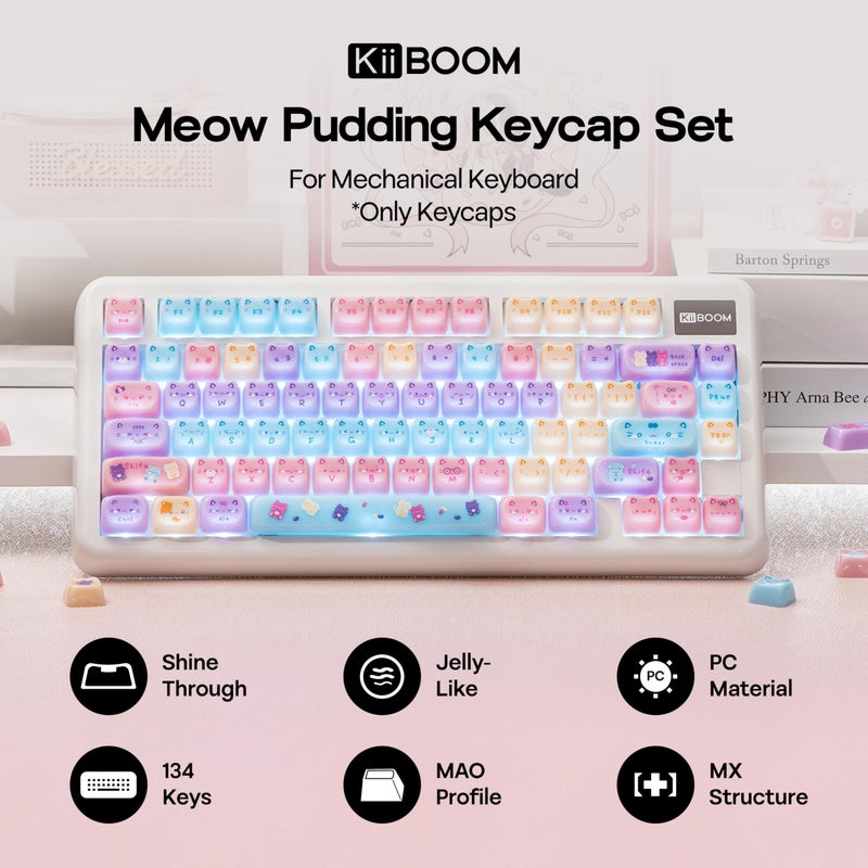 KiiBOOM Cute Cat Keycaps Set, Mao Profile, PBT/PC Keycap for MX Switches Mechanical Keyboard, Compatible with 60%, 65%, 75%, TKL, 96%, Full-Sized Layout (Meow Pudding) - Image 2