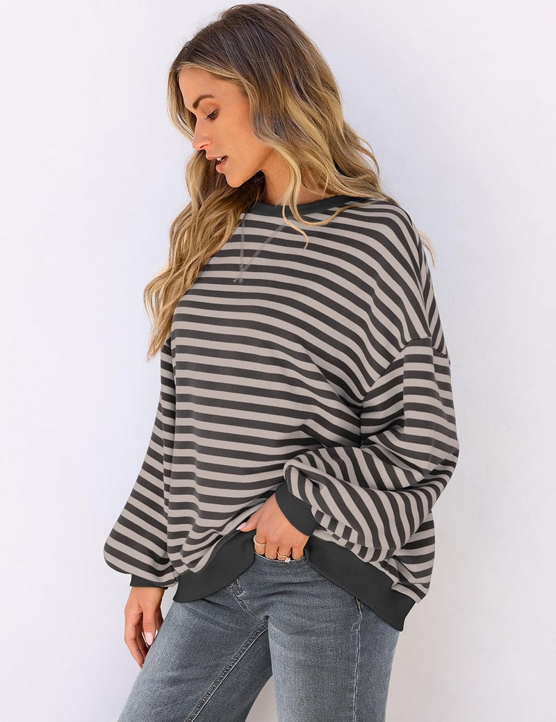 UEU Oversized Striped Sweatshirts for Women Color Block Crewneck Long Sleeve Casual Lightweight Loose Shirt Gray Large - Image 3