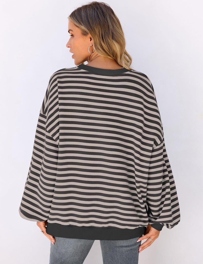 UEU Oversized Striped Sweatshirts for Women Color Block Crewneck Long Sleeve Casual Lightweight Loose Shirt Gray Large - Image 5
