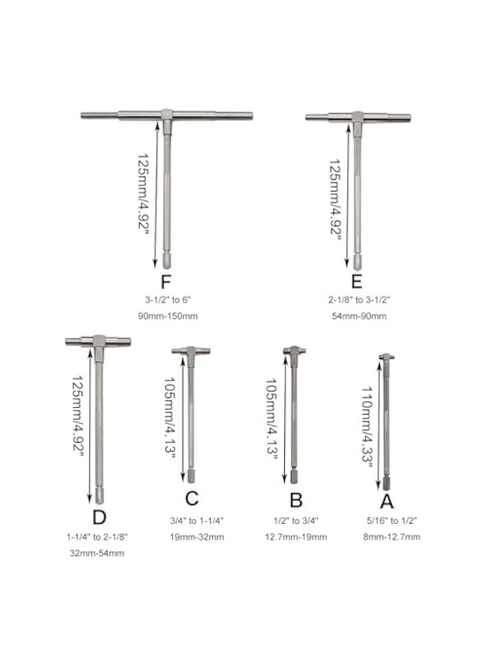 PROMASS 6Pcs Telescopic Gauge Set, T Bore Hole Gauge with 5/16″-6″(8-150mm) Adjustable High Precision Stainless Steel Easy to Carry for Hole Quick Inside Measurement Silver  - Image 2