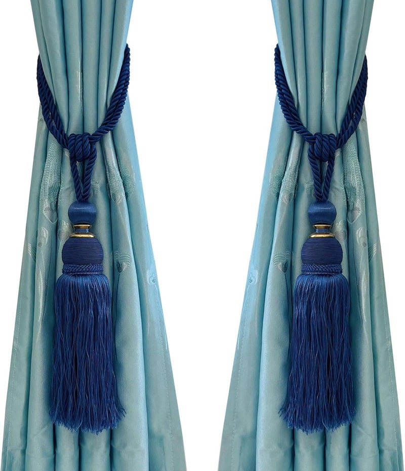 SWTool Selling Wonderful Curtain Holdbacks Curtains Tiebacks Home Decorative Braided Buckle Fastener Accessories Window Drapery Ball Tassels Tiebacks, Set of 2 (Blue) - Image 1