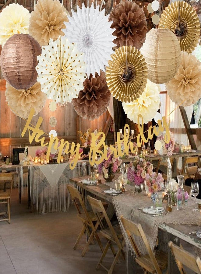 FETETIJD Brown Birthday Party Decorations White Brown Champagne Rustic Birthday Party Decoration Paper Pom Poms Flowers Hanging Paper Fans for Neutral Bear Baby Shower Boho Party Decoration - Image 4