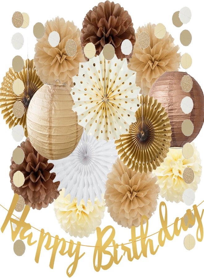 FETETIJD Brown Birthday Party Decorations White Brown Champagne Rustic Birthday Party Decoration Paper Pom Poms Flowers Hanging Paper Fans for Neutral Bear Baby Shower Boho Party Decoration - Image 1
