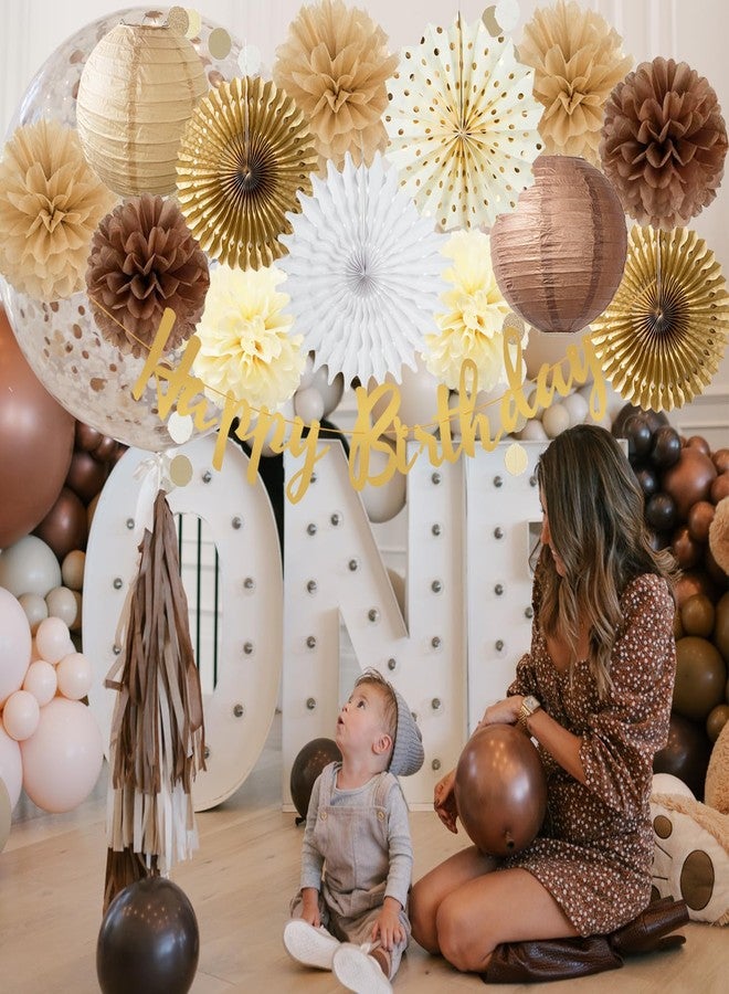 FETETIJD Brown Birthday Party Decorations White Brown Champagne Rustic Birthday Party Decoration Paper Pom Poms Flowers Hanging Paper Fans for Neutral Bear Baby Shower Boho Party Decoration - Image 3