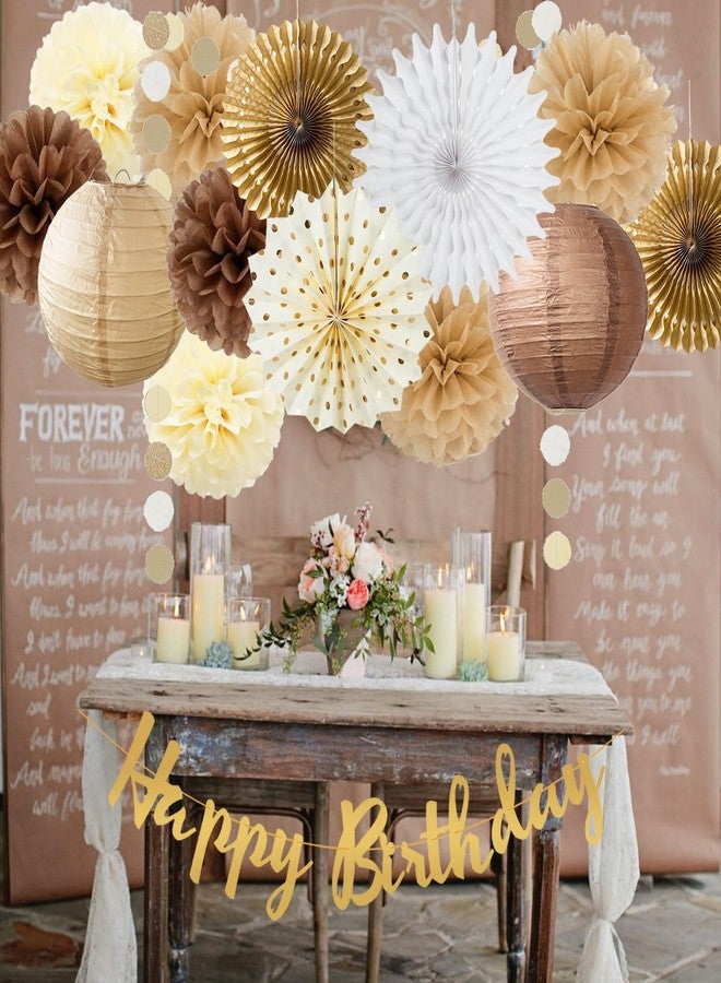 FETETIJD Brown Birthday Party Decorations White Brown Champagne Rustic Birthday Party Decoration Paper Pom Poms Flowers Hanging Paper Fans for Neutral Bear Baby Shower Boho Party Decoration - Image 5