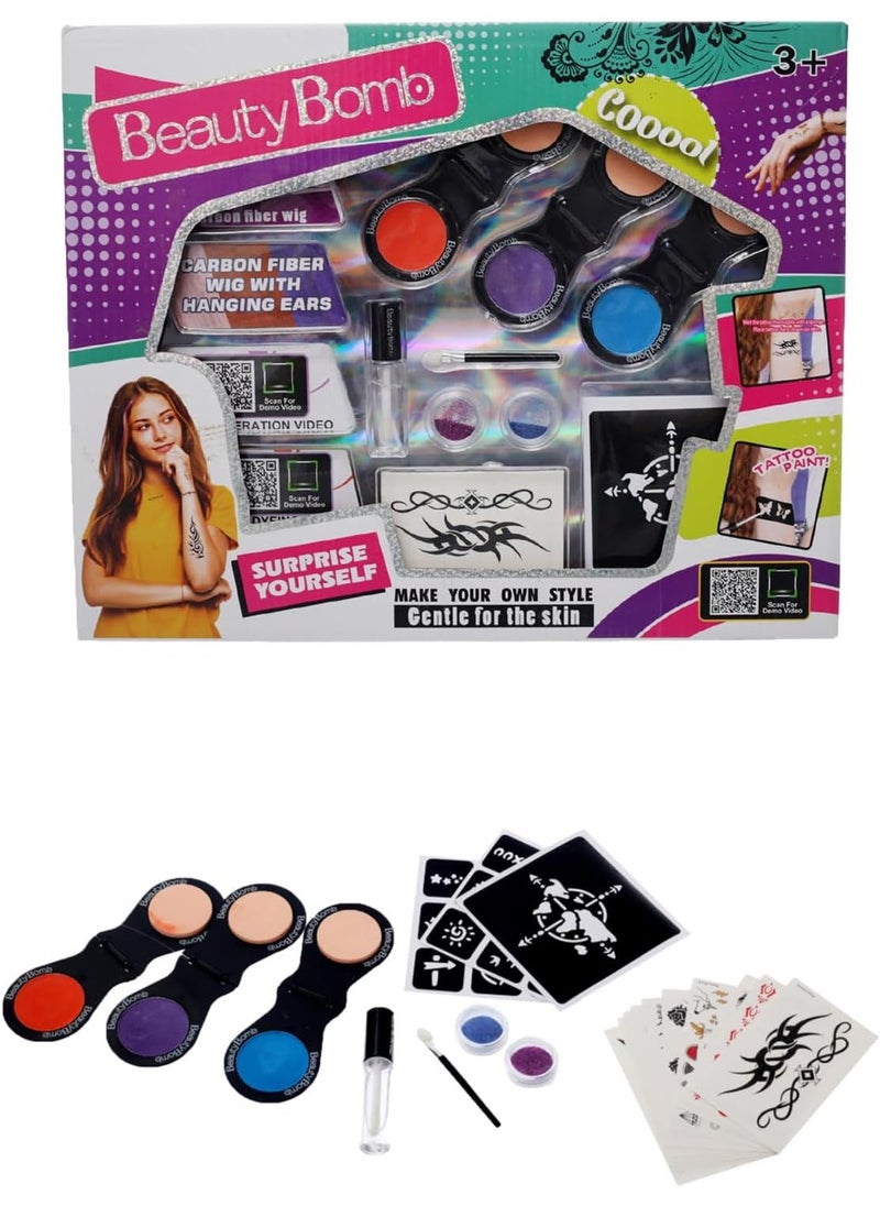 Kids' Beauty Bomb Makeup & Tattoo Kit with Carbon Fiber Wig -  Ages 3+