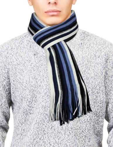 Dahlia Mens Winter Scarf - Synthetic Wool, Extra Long & Warm, Striped Knit, Blue - Image 3