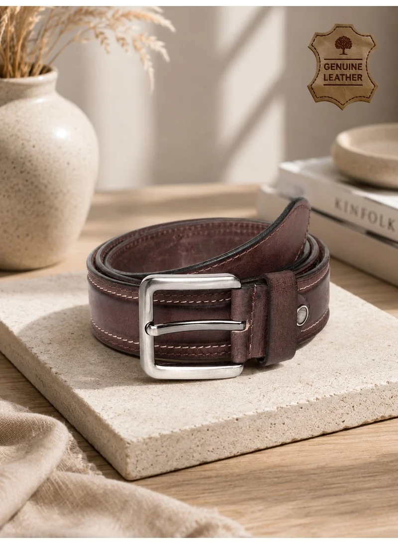 TEAKWOOD Teakwood Genuine Leather Belt for Men | Brown Casual & Formal Belt | Contrast Stitching | Silver Pin Buckle | Adjustable Size | Durable Premium Finish | Ideal for Jeans, Trousers & Daily Wear