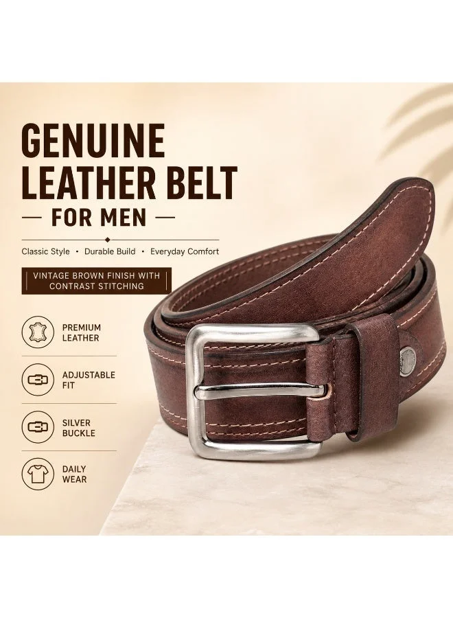 TEAKWOOD Teakwood Genuine Leather Belt for Men | Brown Casual & Formal Belt | Contrast Stitching | Silver Pin Buckle | Adjustable Size | Durable Premium Finish | Ideal for Jeans, Trousers & Daily Wear