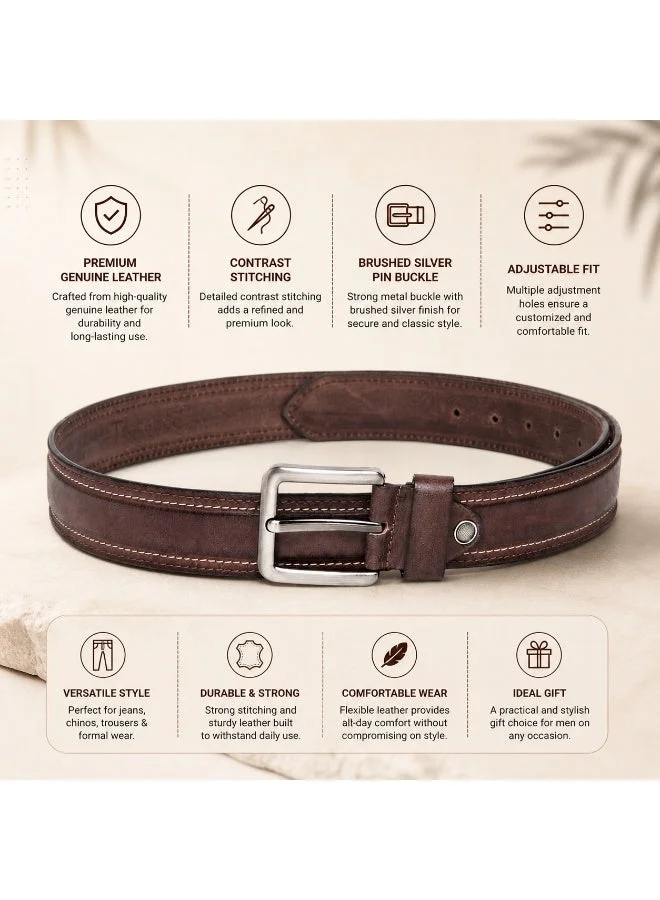 Teakwood brown Teakwood Genuine Leather Belt for Men | Brown Casual & Formal Belt | Contrast Stitching | Silver Pin Buckle | Adjustable Size | Durable Premium Finish | Ideal for Jeans, Trousers & Daily Wear for Men | Best Price UAE