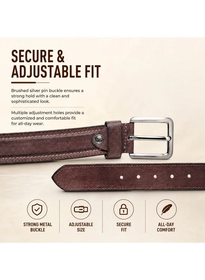 Teakwood brown Teakwood Genuine Leather Belt for Men | Brown Casual & Formal Belt | Contrast Stitching | Silver Pin Buckle | Adjustable Size | Durable Premium Finish | Ideal for Jeans, Trousers & Daily Wear for Men | Best Price UAE