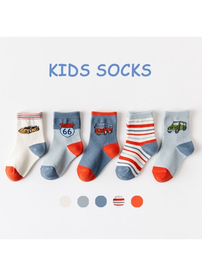 Combed Cotton Socks with vehicle Pattern, White/red/blue/grey, 0-8 Years Old, 5 Pairs Pack - Image 1