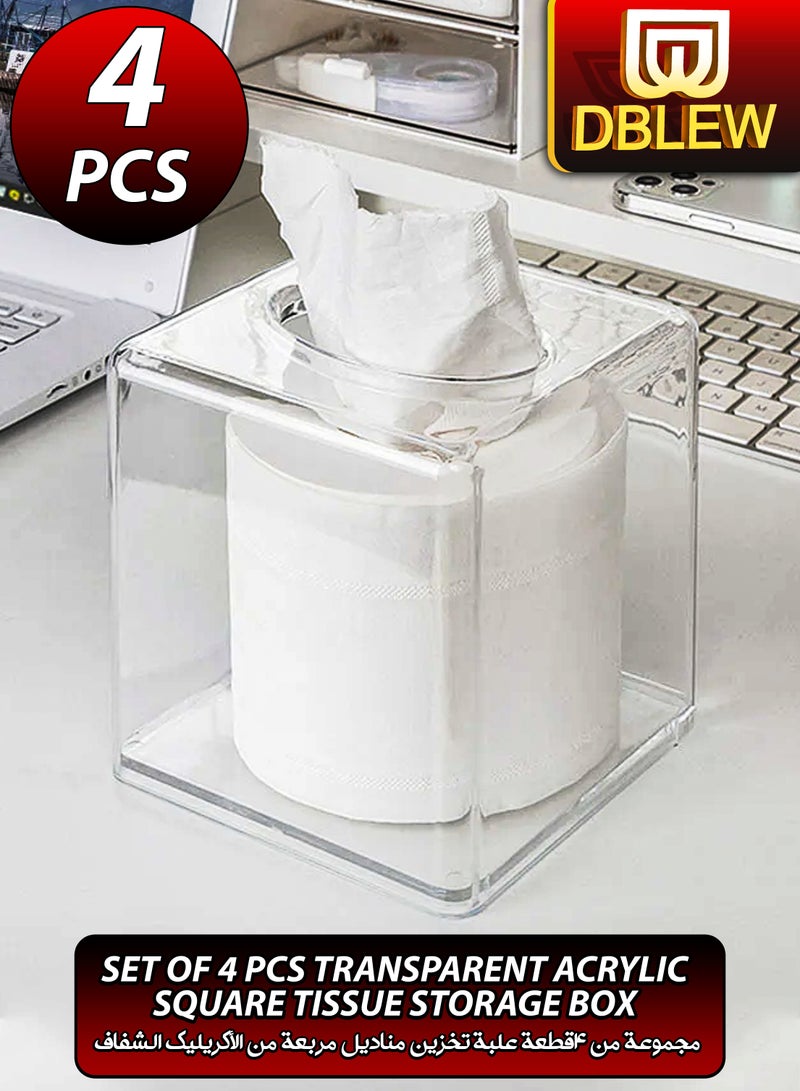 دي بلو مجموعة من 4 قطع: صندوق مناديل شفاف مربع من الأكريليك، مع حامل للمناديل وغطاء، موزع للمناديل الورقية، وحاوية تخزين زجاجية منظمة للمنزل والمطبخ والحمام والمكتب. - Image 1