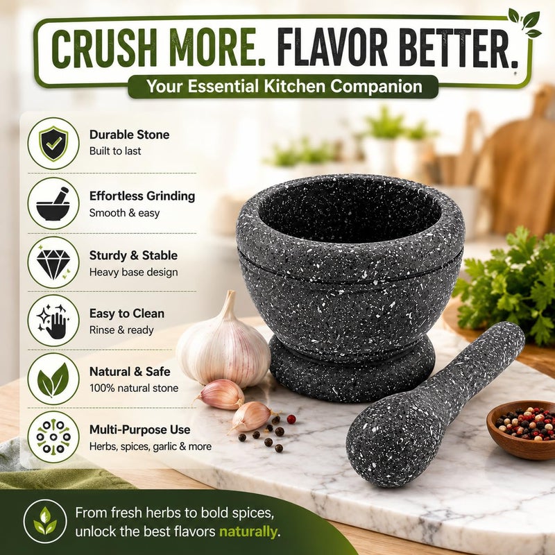 Mortar and Pestle Set, Grey Speckled Grinder Bowl with Crusher for Herbs Spices Garlic Ginger Grains, Manual Kitchen Grinding Tool, Non Slip Base, 11 cm x 17.5 cm - Image 3