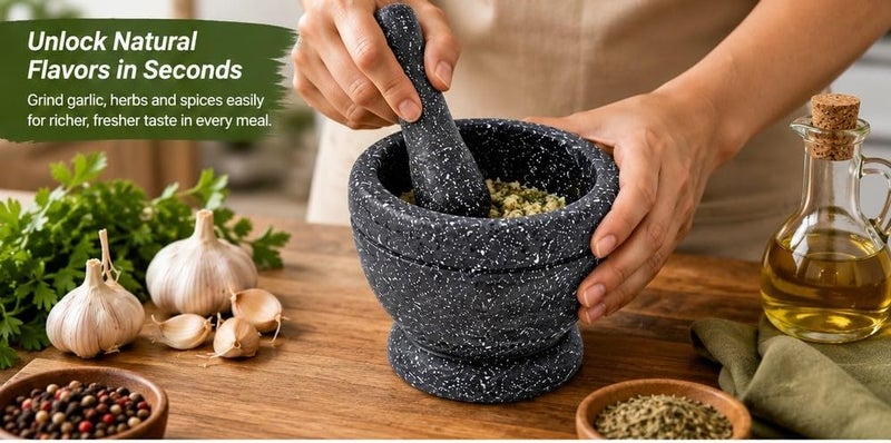 Mortar and Pestle Set, Grey Speckled Grinder Bowl with Crusher for Herbs Spices Garlic Ginger Grains, Manual Kitchen Grinding Tool, Non Slip Base, 11 cm x 17.5 cm - Image 4