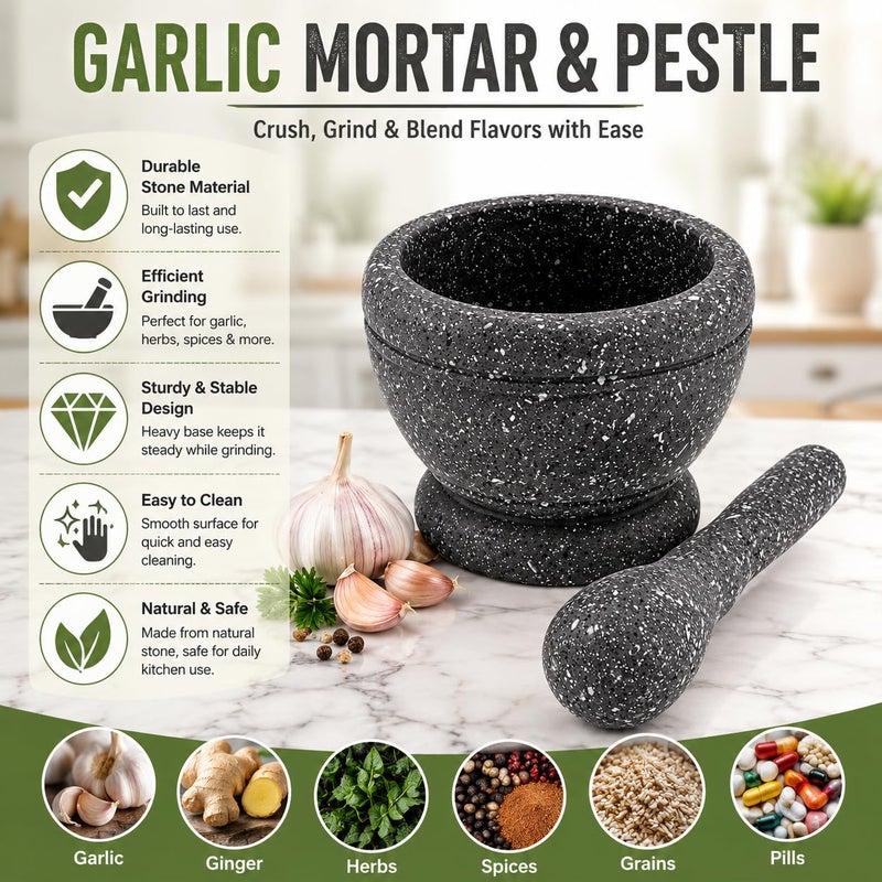 Mortar and Pestle Set, Grey Speckled Grinder Bowl with Crusher for Herbs Spices Garlic Ginger Grains, Manual Kitchen Grinding Tool, Non Slip Base, 11 cm x 17.5 cm - Image 2