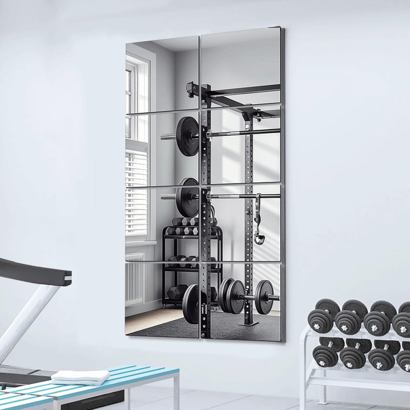 Delma Home Gym Mirrors 12 x 12 Glass Mirror Tiles 8 PCS Square Large Wall Mirror for Home Gym Bedroom DoorBathroom Frameless Mirror Sets