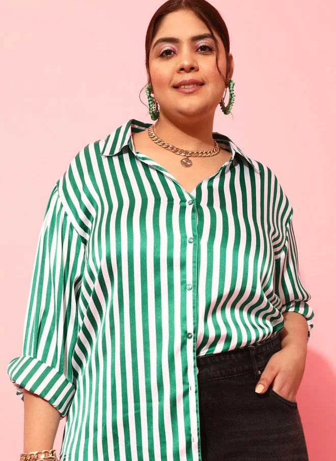 CURVY STREET Comfort Satin Green & White Striped Shirt for Women