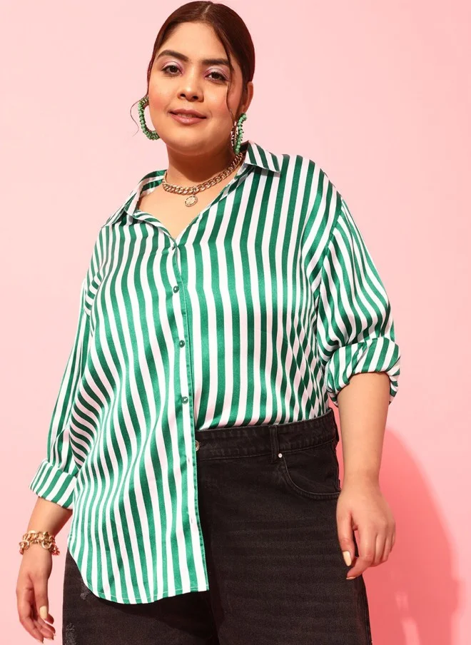 CURVY STREET Comfort Satin Green & White Striped Shirt for Women