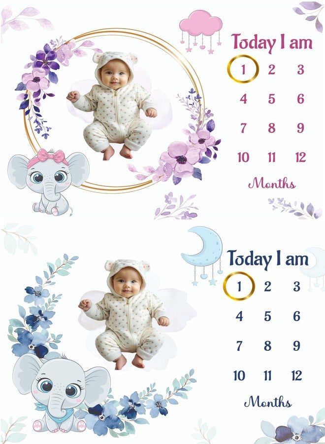 Hoolloomooloo Baby Milestone Blanket Pack of 2 | Pink Floral Girl Elephant & Blue Moon Boy Design | Monthly Photoshoot Prop with 15 Cards & 1 Golden Ring per Blanket | 90x120 cm Soft Fleece - Image 1