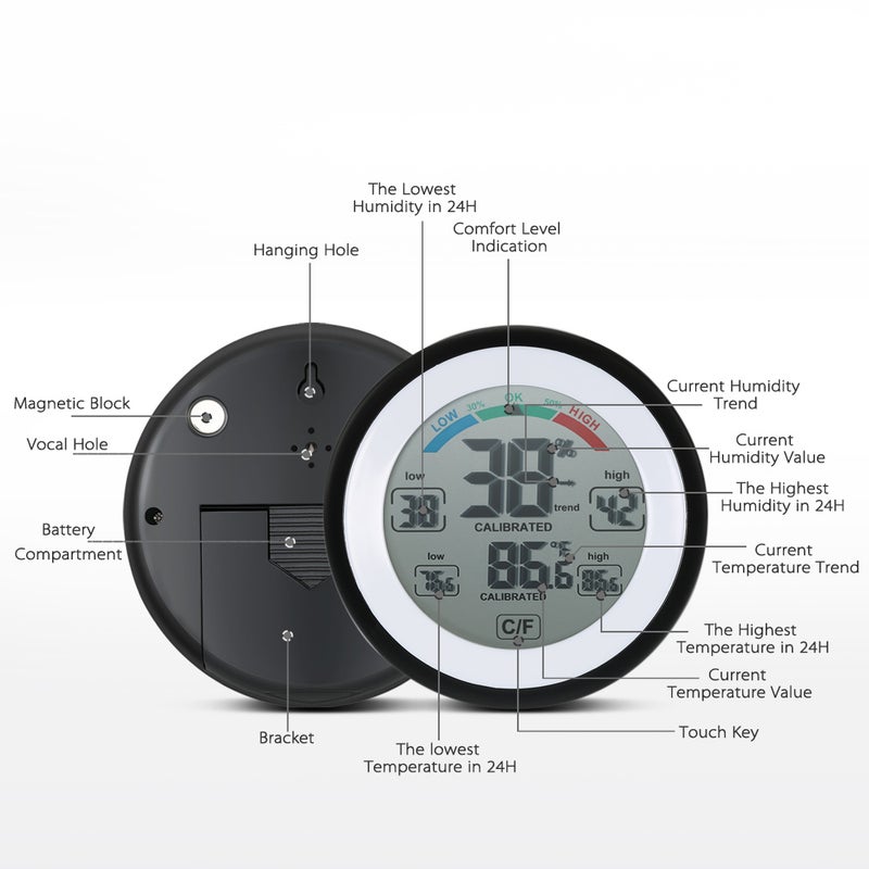 Temperature Humidity Meter: Black Touch Key Dual Measurement - Max Min Value Trend Display Hygrometer for Indoor Outdoor Home Use - Image 2