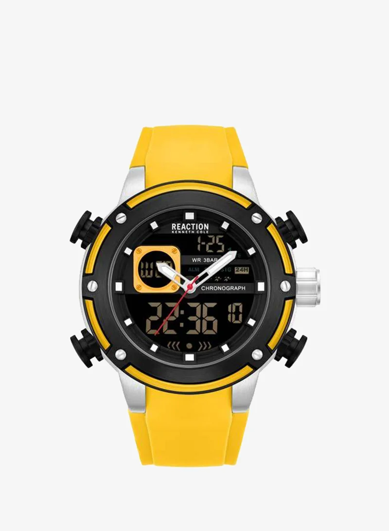 Kenneth Cole Reaction Black Dial Dark Yellow Silicone Strap Analog-digital Watch for Men, 56.2mm