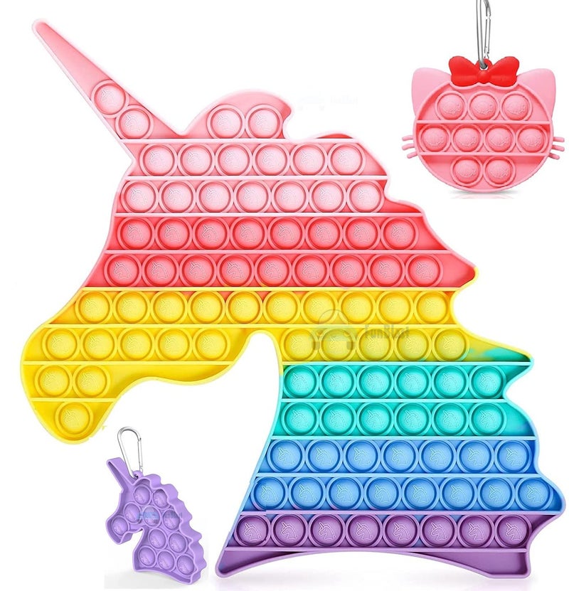 FunBlast Pop It Fidget Toy Set – Jumbo Unicorn Fidget with 2 Pop It Keychain for Girls - Kids Toys, Pop Bubble Push Pop Fidget Toy for Kids (Multicolor; Pack of 3) - Image 1