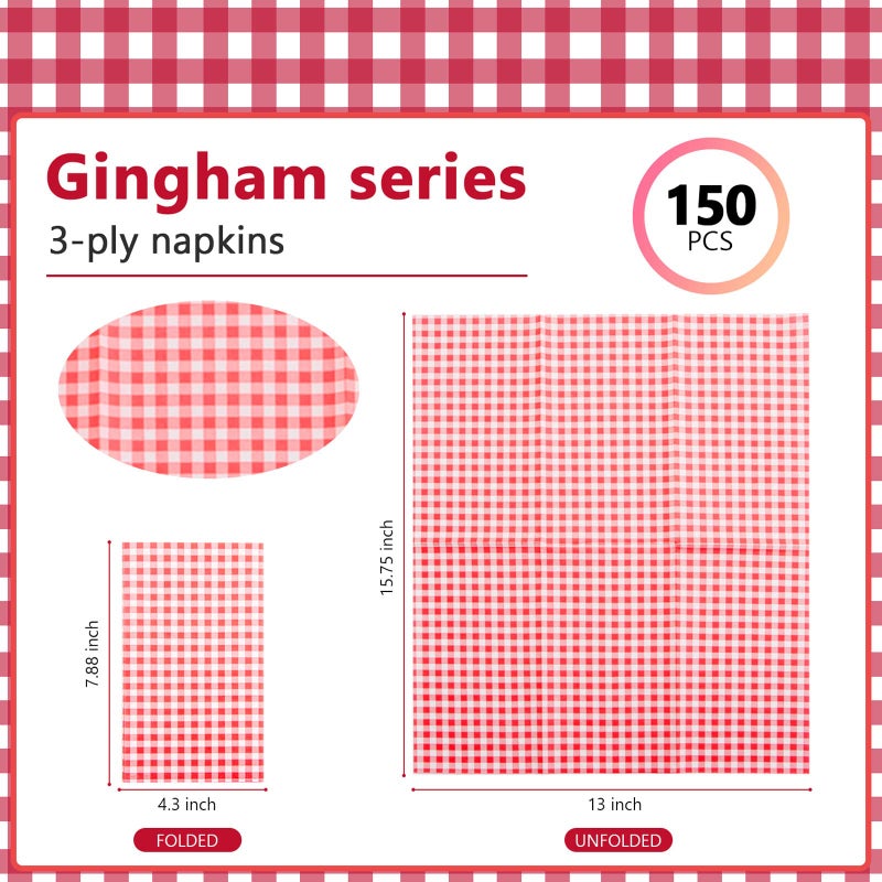 WDF 150Pack Red Gingham Napkins - 3 Ply Disposable Red and White Checkered Napkins  Dinner Napkins Paper Hand Towels for Bathroom Picnic BBQ Birthday Wedding Party Independence Day - Image 2