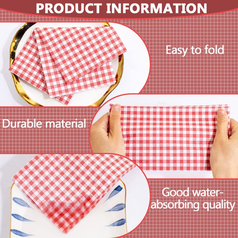 WDF 150Pack Red Gingham Napkins - 3 Ply Disposable Red and White Checkered Napkins  Dinner Napkins Paper Hand Towels for Bathroom Picnic BBQ Birthday Wedding Party Independence Day - Image 3