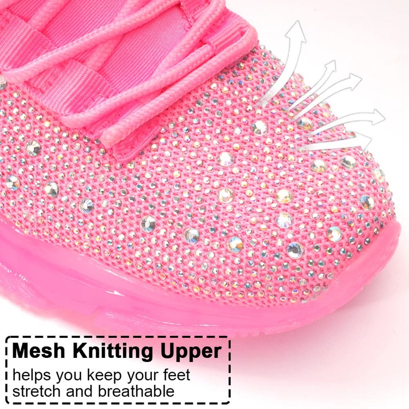 BELOS Women's Fashion Rhinestone Mesh Knit Slip On Sneaker Breathable Glitter Walking Shoes(Pink,10) - Image 3