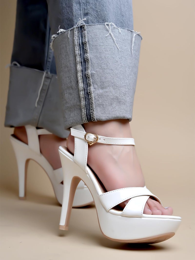 Shoetopia Women's Platform White High Heel Sandals – Open Toe Stiletto Heels with Ankle Strap, Patent Party Dress Shoes Casual, Ethnic, Party & Wedding EU35 - Image 4