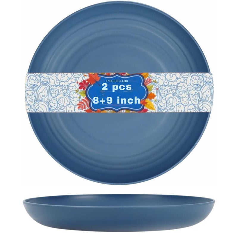 Turbid Dinner Plates Set of 2 Wheat Straw Plates Reusable 8 & 9-inch Combo Plates Microwave and Dishwasher Safe Unbreakable for Kitchen (Blue, (8 & 9) in 2Pcs) - Image 1