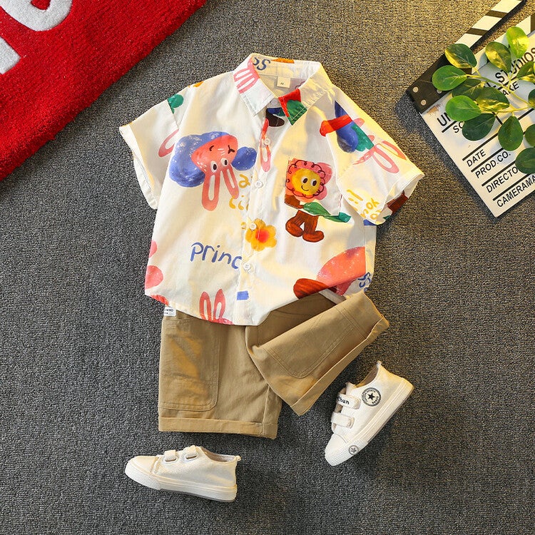 Summer suit Boys Summer 2025 New Short-sleeved Shirts Children's Clothes Baby Trendy Boys Western Style Summer Cool Handsome - Image 1