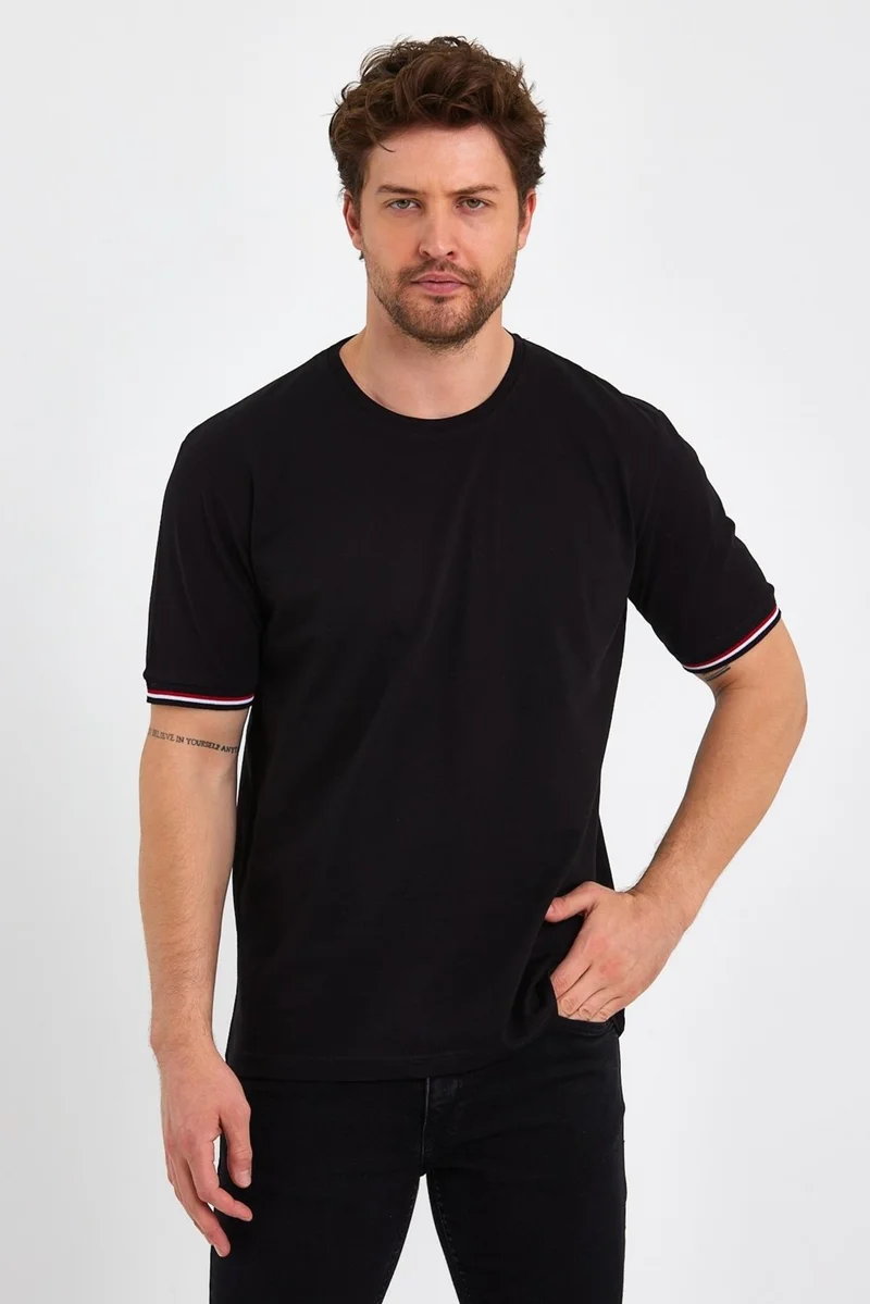 mmetalic Men's Navy Blue Basic Sleeves Striped 100% Cotton Crew Neck Regular Fit T-Shirt
