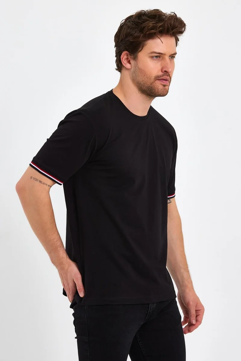 mmetalic Men's Navy Blue Basic Sleeves Striped 100% Cotton Crew Neck Regular Fit T-Shirt