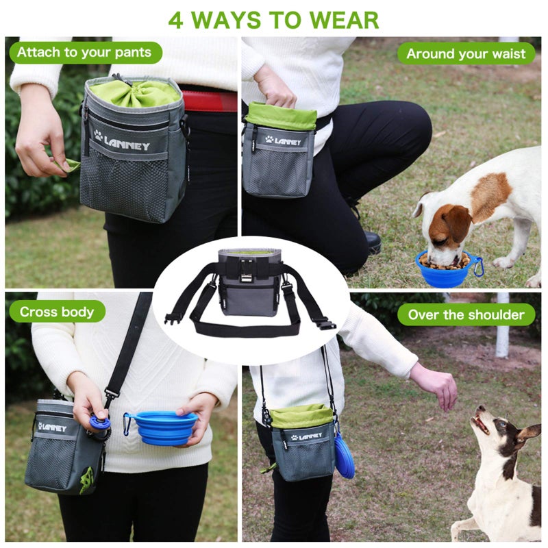 LANNEY Dog Treat Pouch - 3 Ways to Wear Dog Treat Bag, Dog Training Treat Pouches for Pet Training with Clicker, Shoulder Strap, Adjustable Belt, Poop Bag Dispenser, Easily Carrying Kibble Snacks Pet Toys - Image 5
