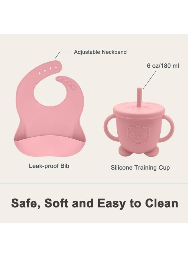 مجموعة ادوات تغذية الاطفال من السيليكون، لوازم الفطام، تتضمن اكواب شفط واطباق مقسمة ومريلة قابلة للتعديل وادوات اطفال وملاعق وشوك وكوب - Image 5