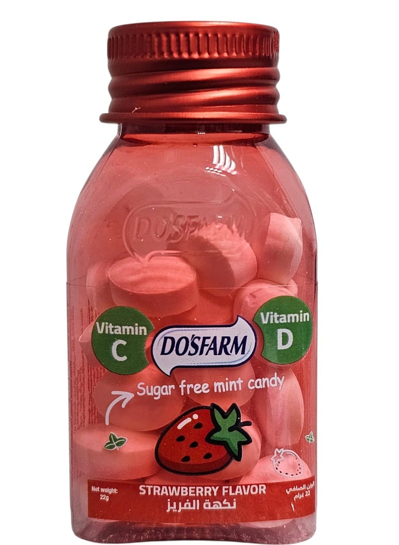 Dosfarm Sugar-free mint candy flavored with strawberry and enriched with Vitamin C and D. 