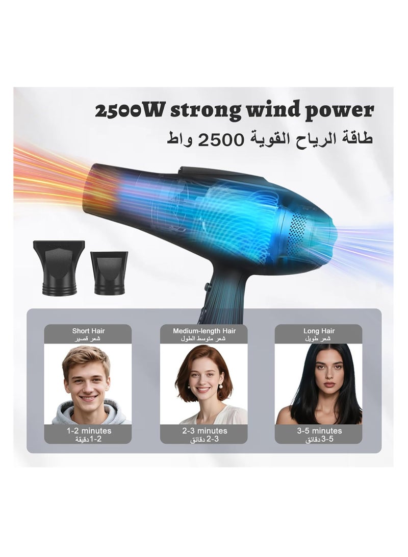 رايتشر مجفف شعر أيوني، مجفف شعر احترافي للصالونات بقوة 2500 وات، مجفف شعر سريع التجفيف بالأيونات السالبة، مع سرعتين، و3 إعدادات للحرارة، وزر تبريد، وفوهتين، وضوء LED أزرق، للشعر المجعد والمستقيم  - Image 2