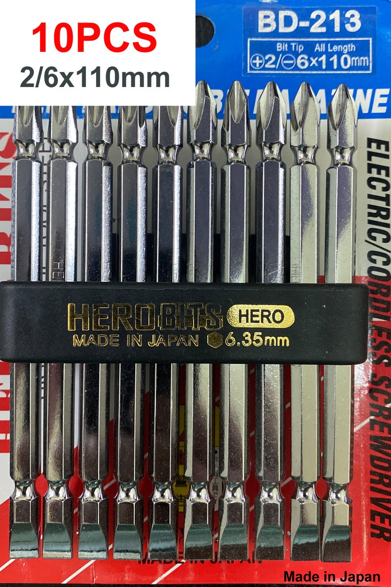 Hero Screwdriver Power Bit 2 Phillips / 6 Slotted Double Ended Bit 110mm - Pack of 10 bits chrome