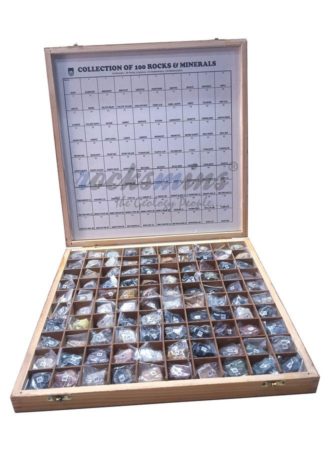 Rocksmins Collection of 100 Rocks & Minerals in a Heavy Wooden Box for Education RM100WB 100 Handpicked Natural Rock and Mineral Specimens in Storage Tray Educational Beautiful Wooden Box for Geology - Image 1