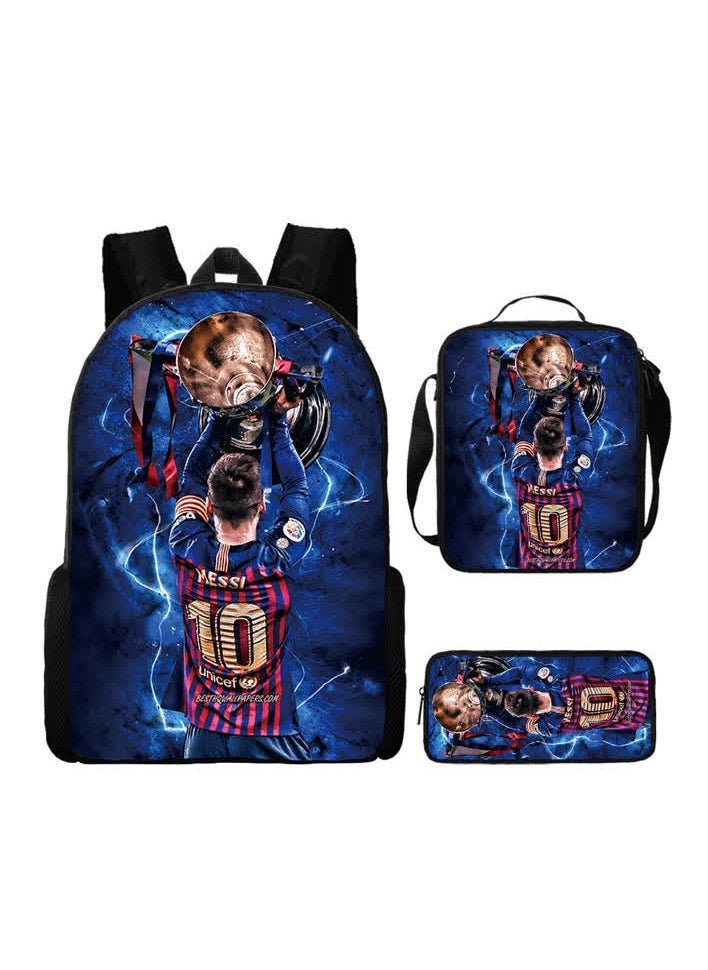 Generic - Cross-border supply football star Messi printed backpack three-piece children's schoolbag primary school student cartoon backpack,B style - three-piece set - Messi - Image 1