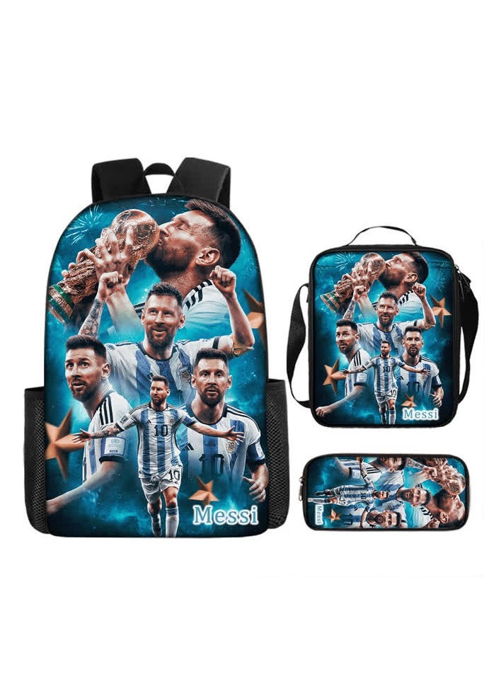Generic - Cross-border supply football star Messi printed backpack three-piece children's schoolbag primary school student cartoon backpack,B style - three-piece set - Messi - Image 1
