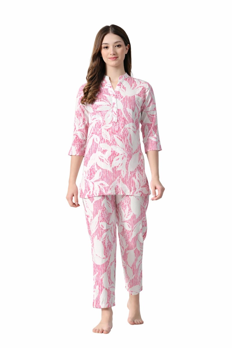 Ichaa Women's Pink Printed Rayon Night Wear Set - Image 1