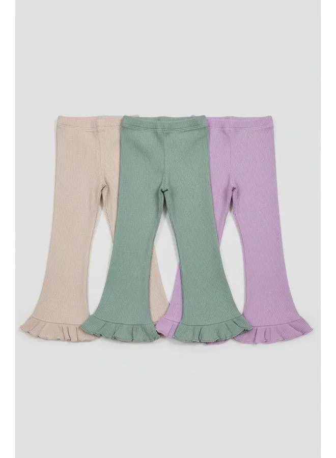 Magu Girls' Cotton Ribbed Ruffle-Hem Leggings – 3-Piece Colorful Set