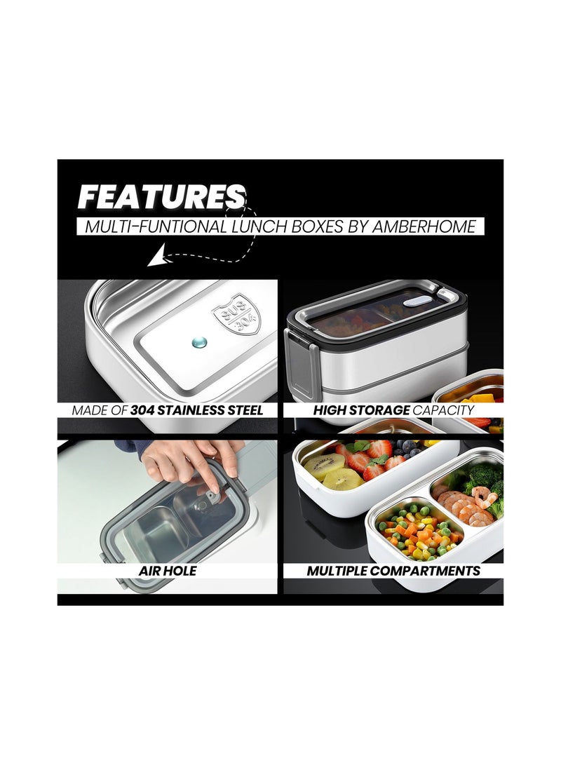 أمبر هوم صندوق غداء من الفولاذ المقاوم للصدأ ، صندوق بينتو معزول للأطفال والكبار ، حاوية طعام متعددة الوظائف مع جزأين ، أدوات مائدة وحقيبة عازلة ، مانعة للتسرب ، آمنة لغسالة الأطباق ، خالية من البيسفينول أ - Image 4