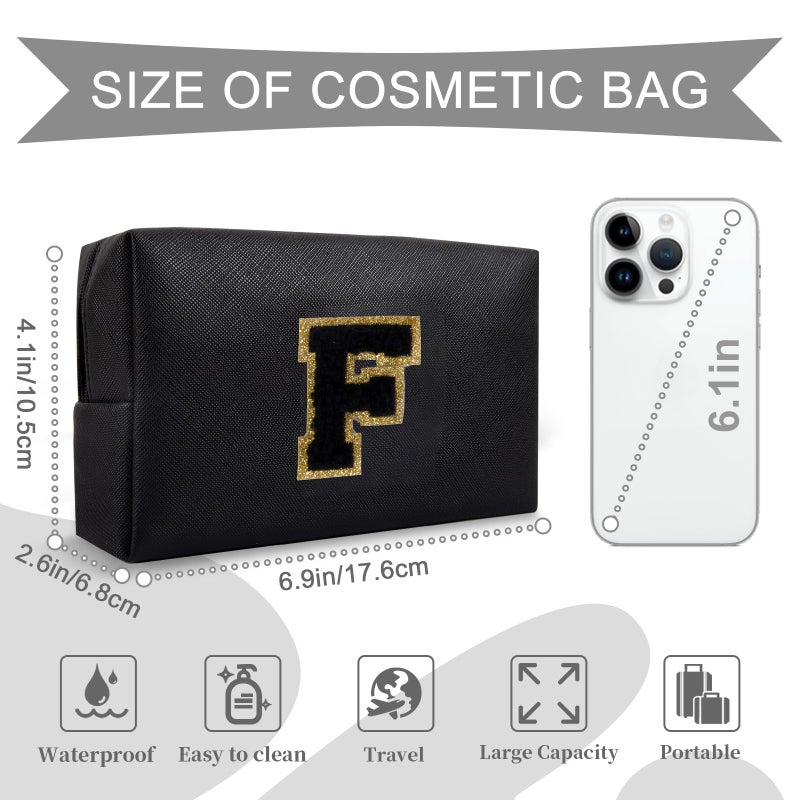 ChaoGreat حقيبة مكياج أولية مخصصة من A-Z Preppy Patch حقيبة مستحضرات تجميل صغيرة على شكل حرف Pu Chenille مع سحاب للفتيات المراهقات، حقيبة سوداء لطيفة لتنظيم أدوات الزينة، حقيبة مكياج هدية للنساء والفتيات حرف F - Image 2