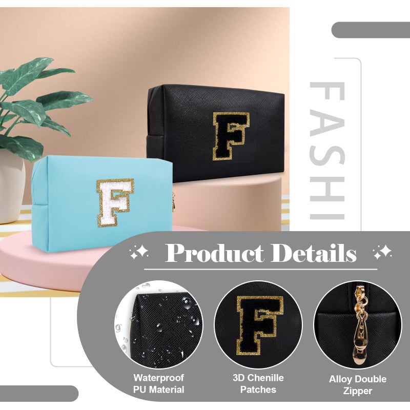 ChaoGreat حقيبة مكياج أولية مخصصة من A-Z Preppy Patch حقيبة مستحضرات تجميل صغيرة على شكل حرف Pu Chenille مع سحاب للفتيات المراهقات، حقيبة سوداء لطيفة لتنظيم أدوات الزينة، حقيبة مكياج هدية للنساء والفتيات حرف F - Image 3